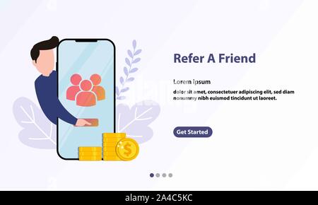 Inviter un ami Concept Design, les gens de partager des informations à propos d'aiguillage et de gagner de l'argent. Convient pour landing page web, mobile app, Modèle de page. Mauvais vecteur Banque D'Images