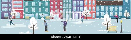 Paysage d'hiver avec les maisons européennes et la neige. Les gens jouent dans la neige et le patinage sur glace. Télévision vector illustration. Illustration de Vecteur