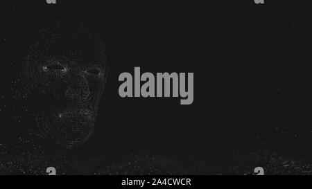 Visage humain composé de lignes et points lumineux. 3D illustration sur fond noir Banque D'Images