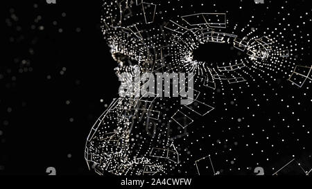 Visage humain composé de lignes et points lumineux. 3D illustration sur fond noir Banque D'Images