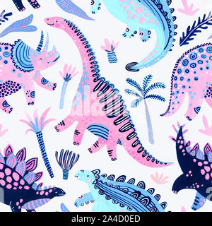 Cute cartoon dinosaures modèle homogène dans un style scandinave. Aquarelle peinte à la main et dino fleurs tropicales illustration. Art pépinière pour childis Banque D'Images