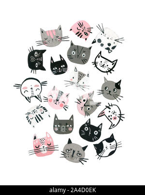 Caricature chats aquarelle muselières situé dans des couleurs pastel. Cute kitten fait face à fond pour les enfants, la couverture de l'affiche. Illustration de l'art peint à la main dans sca Banque D'Images