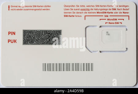 Les cartes SIM pour téléphones mobiles, différentes tailles, MicroSIM, Nano-SIM, Banque D'Images