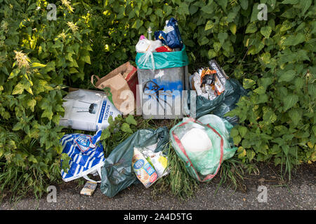 Beaucoup de déchets a été déposé à côté d'une poubelle, sur une passerelle, un barbecue, des déchets illégaux, Banque D'Images