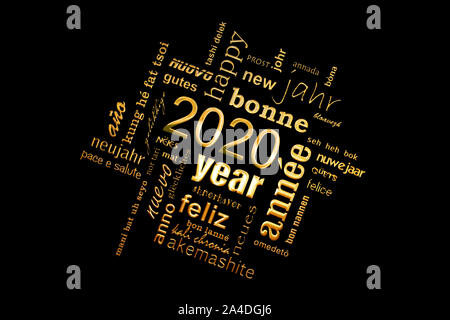 2020 Nouvelle année d'or nuage de mots de texte multilingue square carte de souhaits sur fond noir Banque D'Images