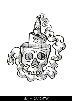 Cartoon style tatouage dessin illustration d'un crâne humain vaper avec haut de tête ouverte et à l'intérieur de vaper fumeurs isolé sur un arrière-plan en noir Banque D'Images