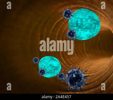 3D illustration des droits de l'attaque du système immunitaire le virus, macrophage et de grosses cellules à l'intérieur des vaisseaux sanguins, les cellules de sang blanches à l'intérieur du vaisseau sanguin, Banque D'Images