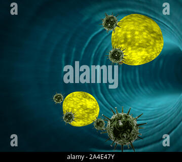 3D illustration des droits de l'attaque du système immunitaire le virus, macrophage et de grosses cellules à l'intérieur des vaisseaux sanguins, les cellules de sang blanches à l'intérieur du vaisseau sanguin, Banque D'Images