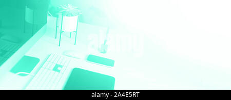 Clavier, souris, écran de l'ordinateur avec écran vide noir. Couleur turquoise et vert à la mode. Espace créateur sur fond couleur menthe. Le style minimaliste Banque D'Images
