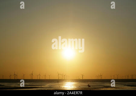 Coucher de soleil derrière des éoliennes offshore au large de Crosby Beach près de Liverpool, Royaume-Uni. Banque D'Images