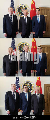 Beijing, USA. 10 Oct, 2019. Ce combo photo montre le vice-Premier ministre chinois Liu Il, également membre du Bureau politique du parti communiste de Chine et chef du Comité central de la partie chinoise de la Chine et les États-Unis dialogue économique globale, pour assister à un nouveau cycle de consultations économiques et commerciales avec le représentant américain au Commerce, Robert Lighthizer et secrétaire du Trésor Steven Mnuchin à Washington, DC, États-Unis, le 10 octobre 2019. Credit : Liu Jie/Xinhua/Alamy Live News Banque D'Images
