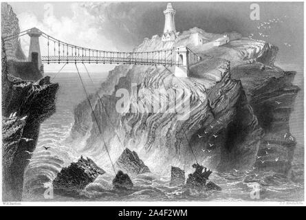 Une gravure du pont à la phare de South Stack près de Holyhead numérisées à haute résolution à partir d'un livre imprimé en 1842. Avis de droit d'auteur Banque D'Images