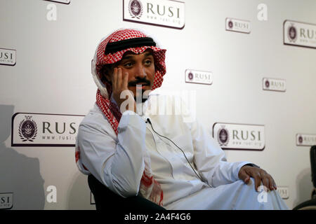 London / UK - 14 octobre 2019 : Prince Khalid Bin Saud al Bander, l'Arabie saoudite à l'ambassadeur du Royaume-Uni, parlant au Royal United Services Institute (RUSI) Banque D'Images