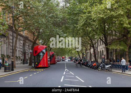 Nouveau Routemaster bus sous l'arbre Plan canpoy de Northumberland Avenue, Londres SW1 Banque D'Images