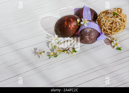 Arrière-plan des oeufs de Pâques. Les œufs avec eco décoration. Bouilli dans du vin noir . Sur la table en bois blanc avec des lignes grises et de fleurs de prunier sauvage. Banque D'Images