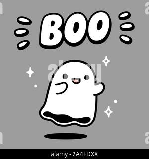Cute cartoon ghost dessin avec texte dessiné à la main, Boo. Drôle Halloween illustration vectorielle. Illustration de Vecteur