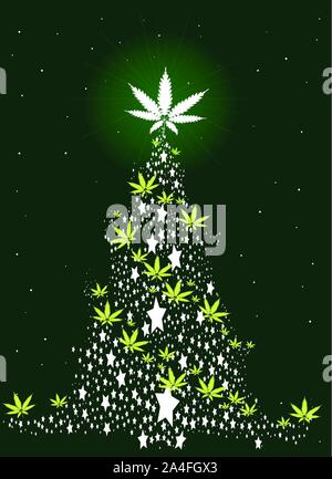 Un arbre de Noël créé à partir de flocons de stars et des feuilles de cannabis Illustration de Vecteur