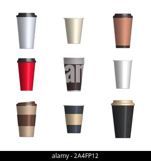 Ensemble de tasses à café en papier et en plastique de différentes formes isolé sur un fond blanc. Vue avant, vector illustration. Illustration de Vecteur
