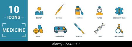 Médicament icon set. Inclure des éléments créatifs sac médical, pilules, mélange, ADN, icônes pipette. Peut être utilisé pour rapport, présentation, dessin, web Illustration de Vecteur