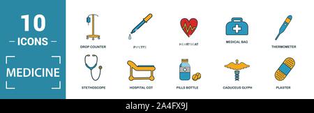 Médicament icon set. Inclure des éléments créatifs sac médical, pilules, mélange, ADN, icônes pipette. Peut être utilisé pour rapport, présentation, dessin, web Illustration de Vecteur