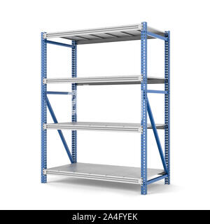 Le rendu 3D d'un rack en métal avec quatre étagères, isolé sur un fond blanc. Meubles en acier. Unités de rayonnage. Rangement ouvert. Dossiers et stor Banque D'Images