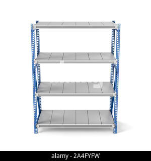 Le rendu 3D d'un rack en métal avec quatre étagères, isolé sur un fond blanc. Meubles en acier. Unités de rayonnage. Rangement ouvert. Dossiers et stor Banque D'Images