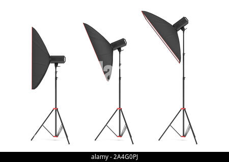 Le rendu 3D de flash studio de grande taille flash softboxes est rejeté à plusieurs angles. Pignon d'éclairage professionnels. La séance photo de première nécessité. Prepar Banque D'Images