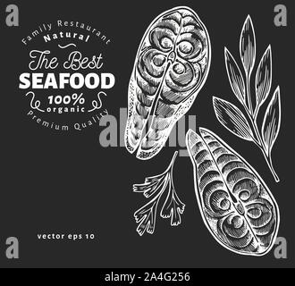 Darnes d'illustrations. Hand drawn vector illustration de fruits de mer sur le tableau. Style gravé. Retro alimentation, morceau de saumon ou de truite Illustration de Vecteur