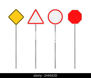 Le rendu 3D de quatre panneaux routiers en blanc sur les postes isolés sur le fond blanc. La sécurité routière. Les règles de la circulation. Signes et symboles. La gruyere Banque D'Images
