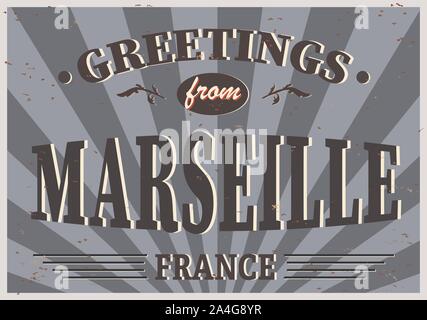 Marseille Retro Vintage tin sign signe souvenir vecteur ou une carte postale des modèles. Thème du voyage. Illustration de Vecteur