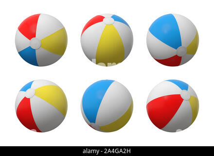 Le rendu 3D d'un grand nombre de ballons de plage gonflés identiques avec blanc, rouge, jaune et bleu à rayures. Ensemble d'équipement de jeu. Stations balnéaires. Mer de plaisir. Banque D'Images