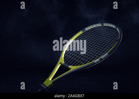 Le rendu 3D d'un jaune et noir raquette de tennis professionnel accrochant dans Pleins feux sur un fond blanc. Banque D'Images