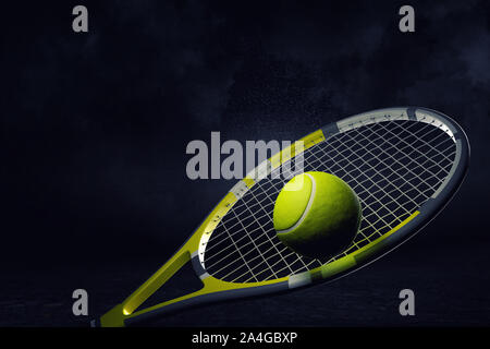 Le rendu 3D d'un ballon jaune allongé sur le maillage d'une raquette de tennis sur un fond sombre. Banque D'Images