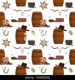Wild West cow-boy de pattern, aquarelle illustration cartoon style texas ranger design textile ou la conception de sites web. Banque D'Images