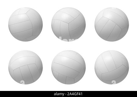 Le rendu 3D de plusieurs balles de volley-ball blanc accroché sur un fond blanc. Banque D'Images