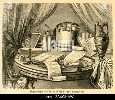 Europa, Deutschland, Sachsen, Leipzig, Darstellung der Originaltext : ' Manuskripte der alten en Buch- und ' Rollenform , Dokumente liegen auf einem Tisch, Papierrollen und Bücher , Druckwesen , Symbole für das Motiv aus : Die ' Denkwürdigsten Erfindungen bis zu Ende des XVIII. Jahrhunderts ' , reifere Schilderungen für die Jugend, dans Verbindung mit L. Luckenbacher herausgegeben von Louis Thomas, durchgesehen und erweitert von Richard Roth , Otto von Verlagsbuchhandlung, Spamer Leipzig und Berlin, 1882 . / L'Europe, l'Allemagne, Leipzig, Saxe, texte original : ' Manuscrits et livres rares de th Banque D'Images