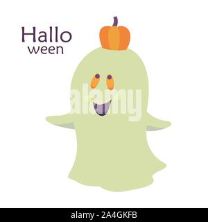 Illustration vecteur de couleur. Happy Halloween. Modèle de carte postale avec smiling ghost et orange citrouille. Illustration de Vecteur