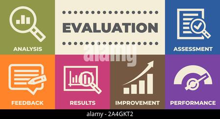 Concept d'évaluation avec des icônes et des signes Illustration de Vecteur