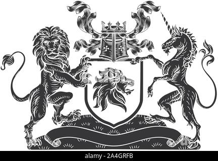 Licorne Lion Crest Armoiries Bouclier Héraldique Illustration de Vecteur