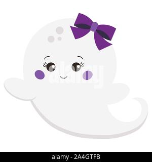 Vector illustration design plat kawaii cute cartoon sweet baby girl avec bow ghost isolé sur fond blanc. Flying ghost funny character. Graphic Illustration de Vecteur