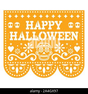 Happy Halloween papel picado design avec des crânes de sucre mexicain, découper le papier de fond de fleurs et guirlande de crânes Illustration de Vecteur
