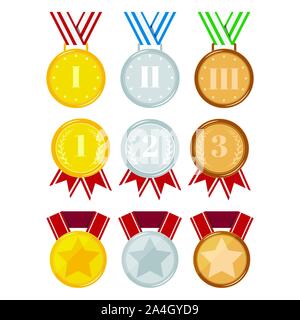 Modèle plat différentes médailles ensemble isolé sur fond blanc d'or, médaille d'argent, médaille de bronze avec red, dépouillé, bleu, ruban vert, star. Sapin signe icône Illustration de Vecteur