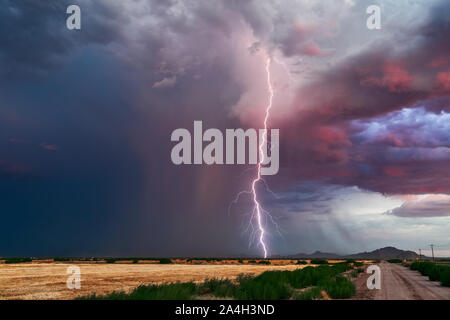 Tempête de foudre au coucher du soleil avec des nuages sombres et de la pluie dans le désert près de Marana, Arizona, États-Unis Banque D'Images