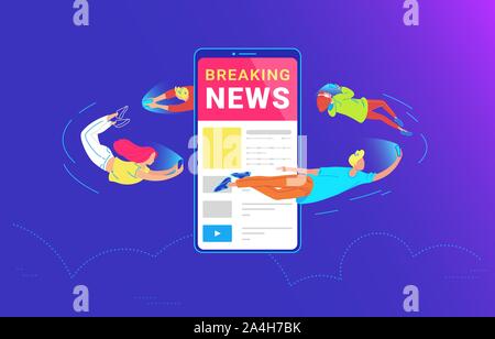 Les jeunes volent autour de grand smartphone et d'utiliser leurs propres téléphones intelligents pour la lecture des nouvelles et de partage entre amis. Concept de gradient vecto Illustration de Vecteur