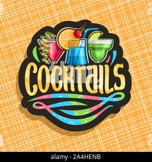 Logo Vector pour des cocktails sans alcool, l'affichage noir avec 3 cocktails sans alcool rafraîchissant colorés et originaux pour word police brosse cocktails, cosmop classique Illustration de Vecteur
