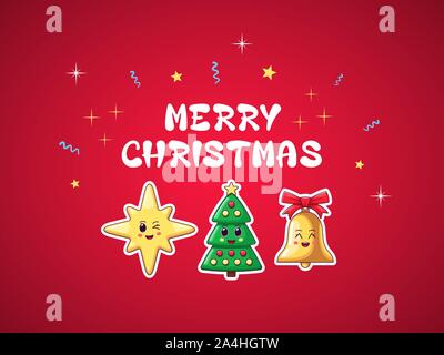 Joyeux Noël, Caricature scène d'accueil de fête. Maison de vacances joyeuse Composition avec Kawaii Star, arbre de Noël, Kawaii et texte sur Bell Red Backgroun Illustration de Vecteur