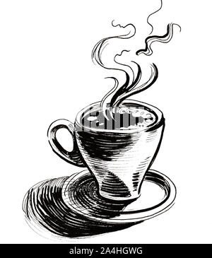 Tasse de café chaud. Dessin noir et blanc Encre Banque D'Images