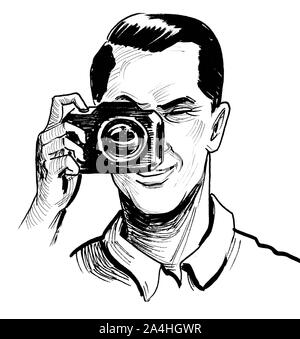 L'homme de prendre une photo avec appareil photo analogique. Dessin noir et blanc Encre Banque D'Images