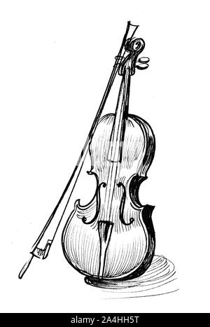 Violon. Instrument de musique. Dessin noir et blanc Encre Banque D'Images