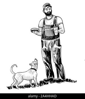 Agriculteur manger un hamburger et de frites et de chien à la recherche à l'alimentation. Dessin noir et blanc Encre Banque D'Images